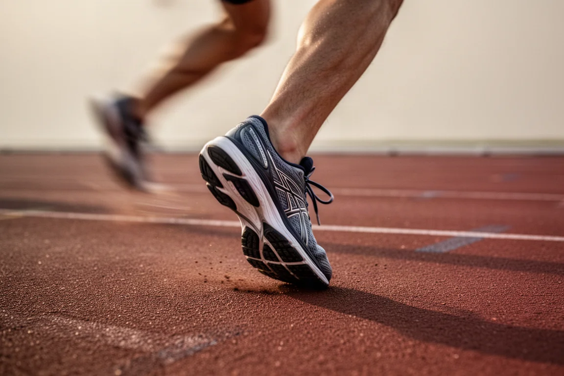 Primo piano dell'appoggio mediano di un runner durante un intervallo tempo in pista