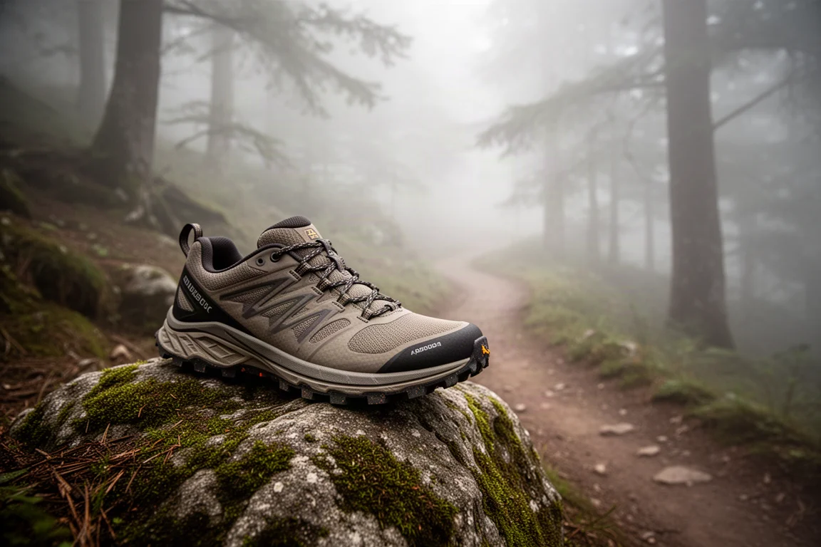 Scarpa trail appoggiata su una roccia muschiosa accanto a un sentiero di montagna