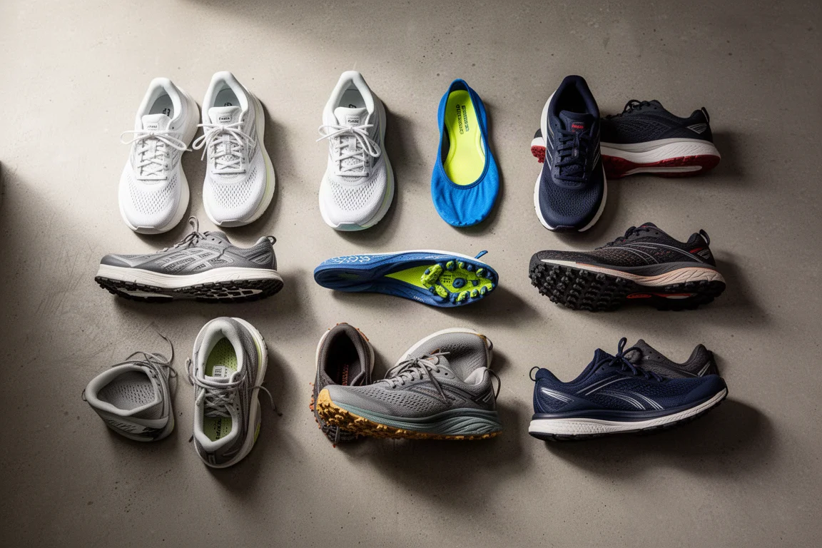 Ten running shoes of varied colorways arranged on a concrete surface