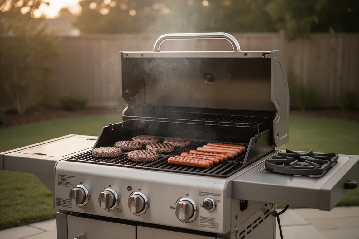 Asador de jardín cocinando hamburguesas y salchichas en una suave luz de atardecer