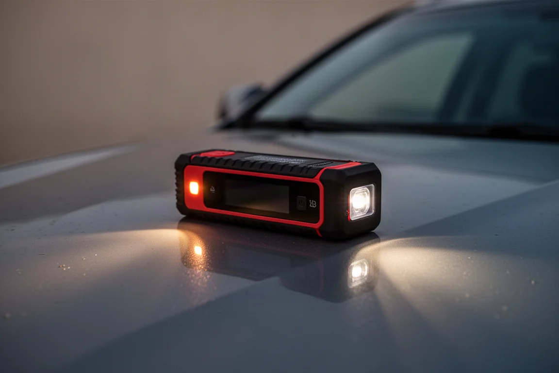 Arrancador de batería portátil con pantalla mate y luz LED de trabajo iluminada sobre el capó de un coche