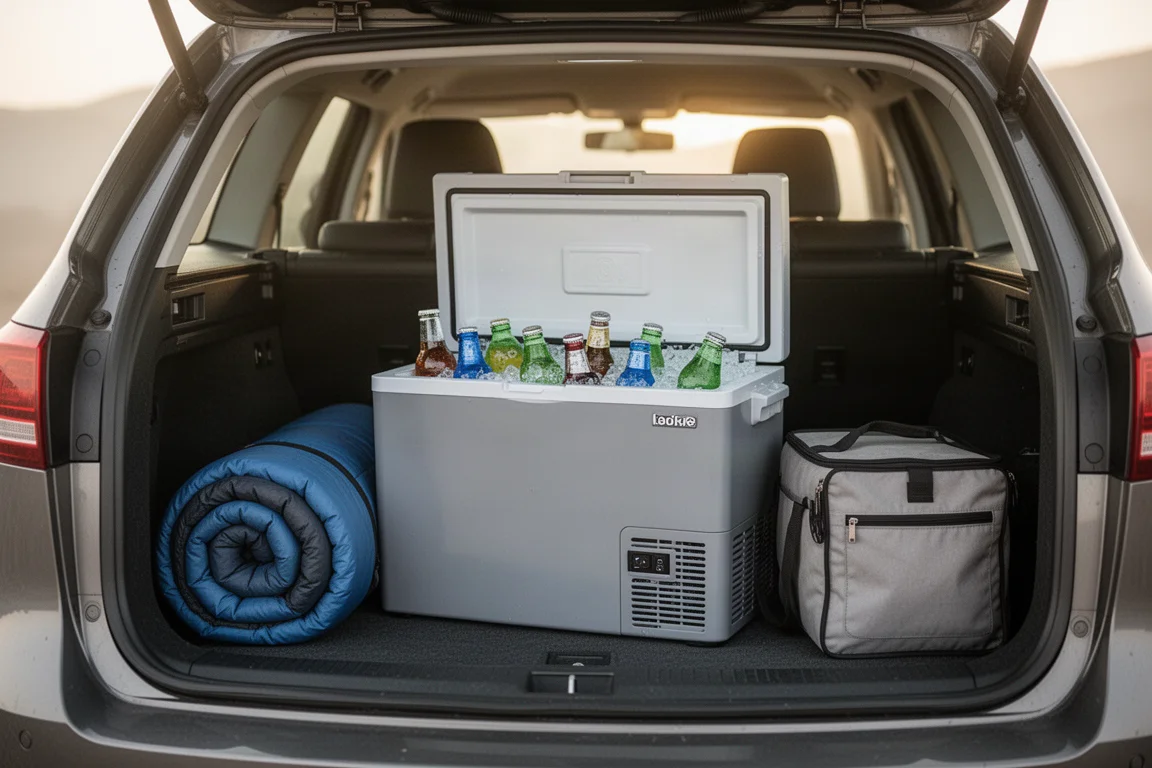 Frigorífico portátil de coche con la tapa abierta, cargado de bebidas junto al asiento del coche