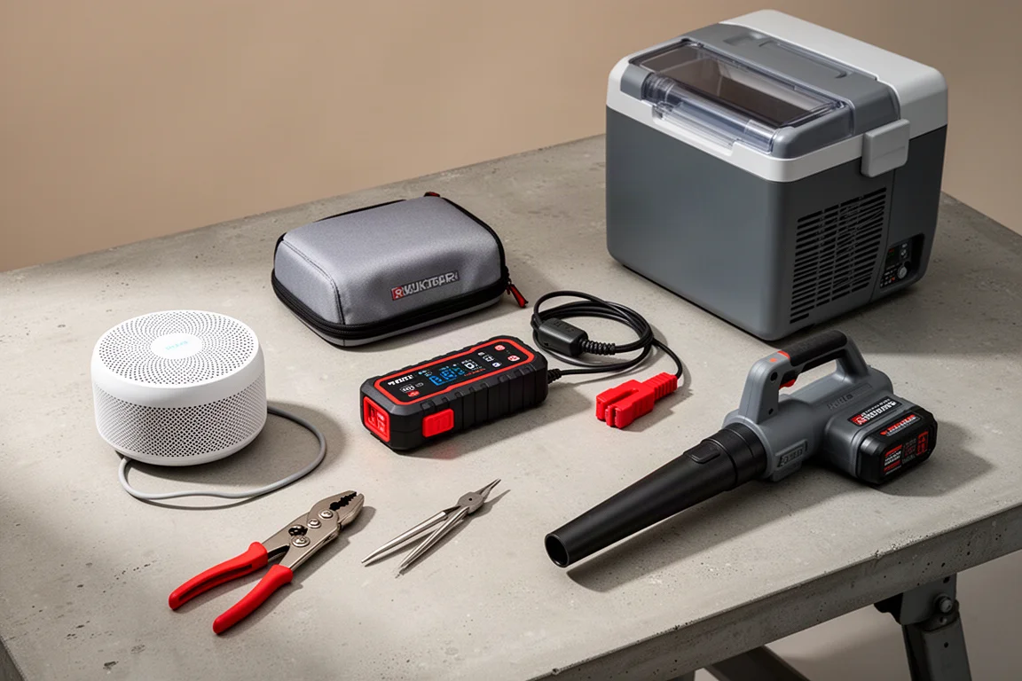 Flat-lay of air purifier, jump starter, pliers, blower, and car fridge on a concrete workbench