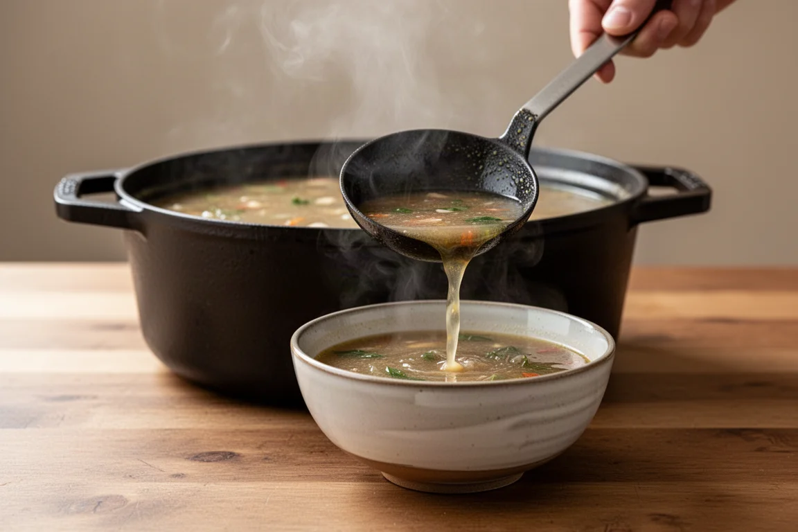 Soup being ladled from a large Dutch oven into a bowl on a kitchen counter