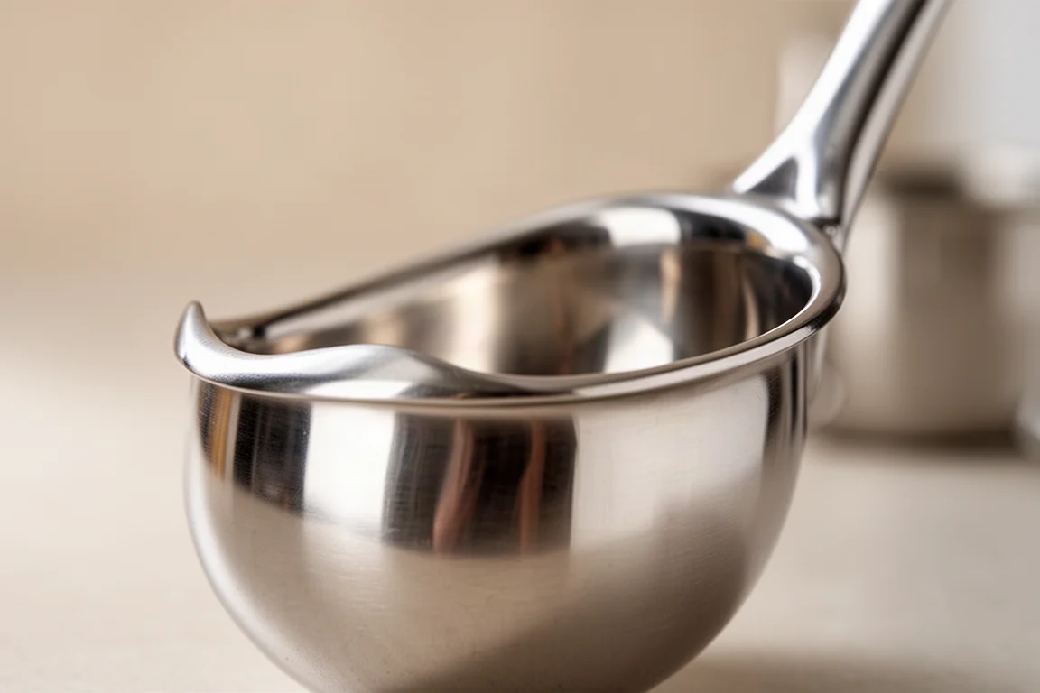 Close-up of a rolled pouring edge on a stainless steel ladle bowl