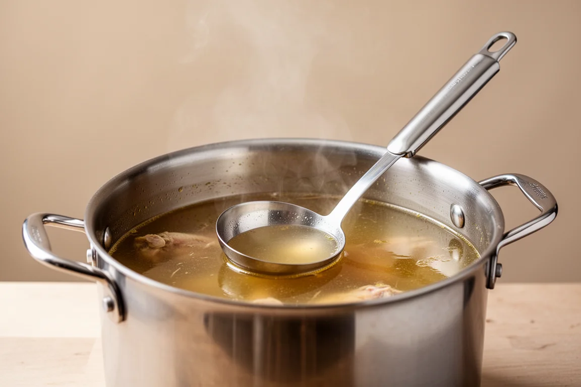 Stainless steel ladle resting on the rim of a stock pot