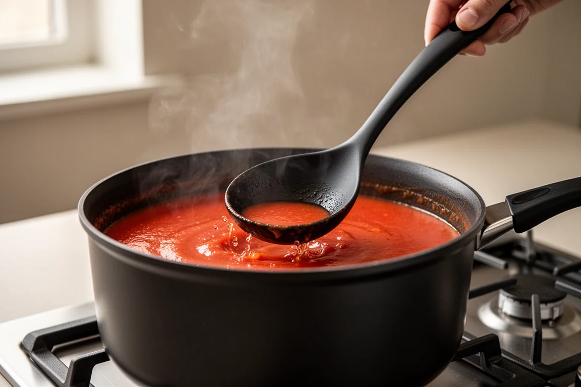 Nylon ladle stirring a pot of tomato soup on a stovetop