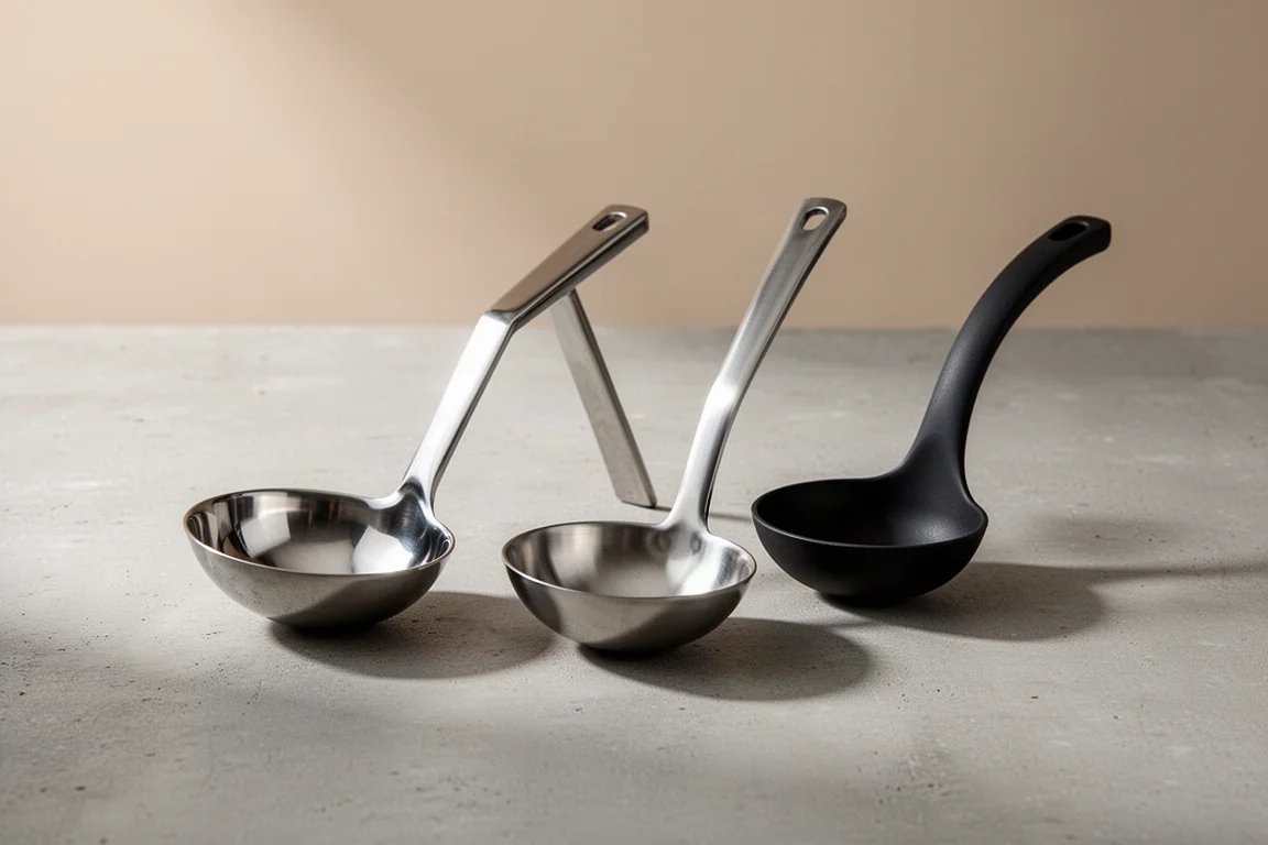 Three ladles of different materials arranged in a row on a concrete surface