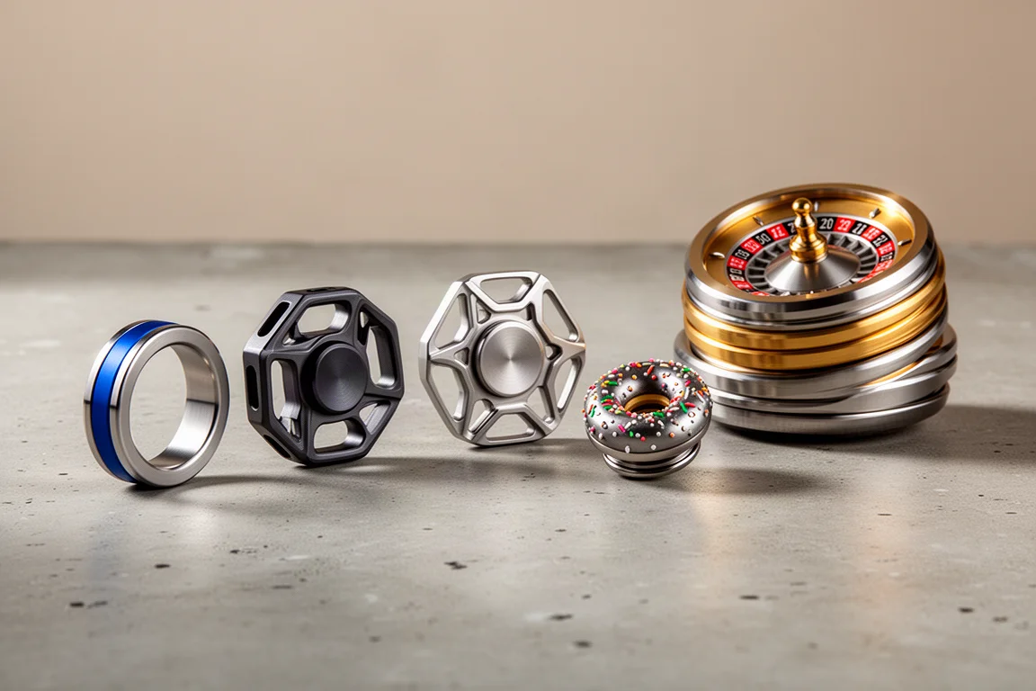 Cinque fidget toy metal Laier, tra cui un anello, due spinner, un ciambellone e un giocattolo da scrivania a forma di roulette, su cemento
