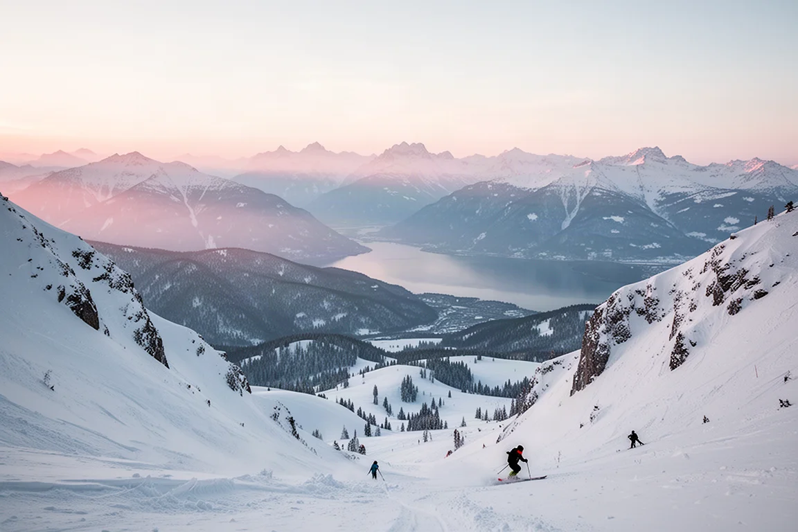Sommets montagneux en couches au lever du soleil, vus depuis une crête enneigée au-dessus d'un lac