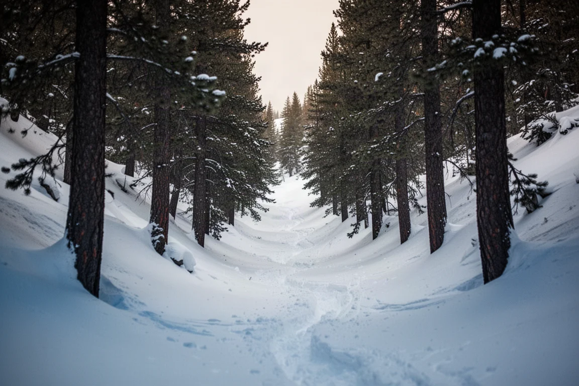 Secteur boisé raide avec de la poudreuse accumulée autour des troncs de pins sombres