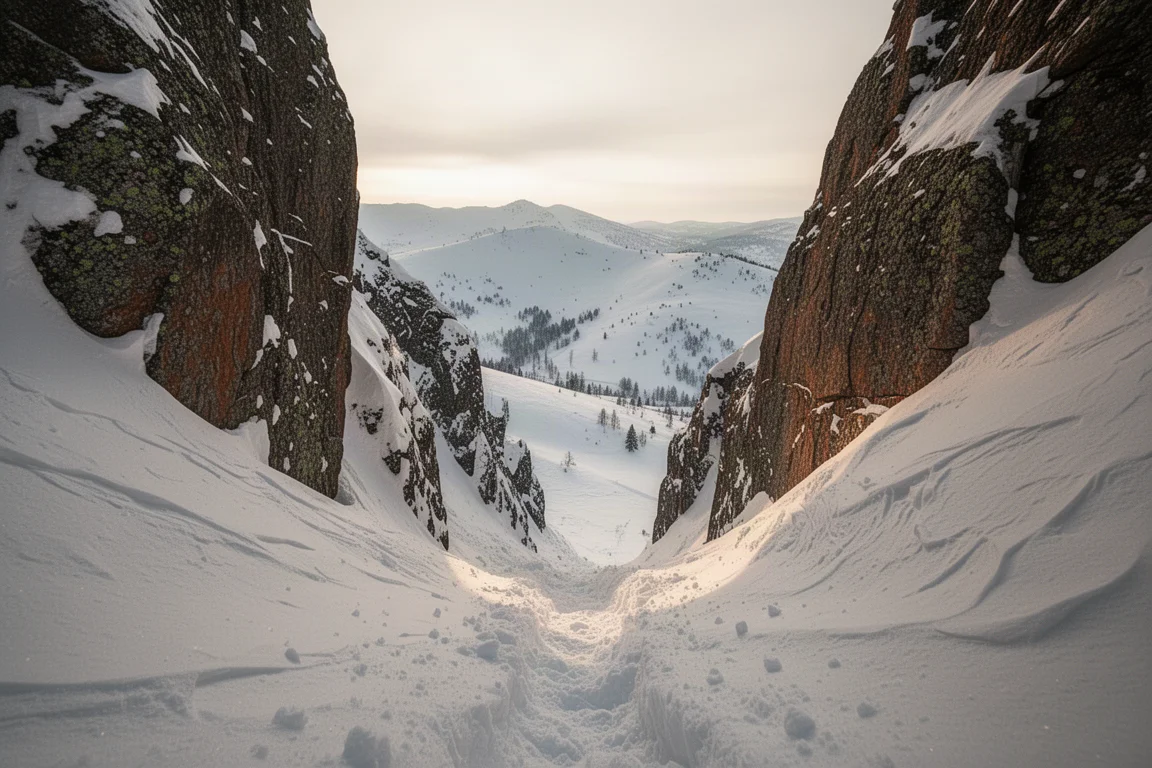 Couloir étroit rempli de neige encadré de hautes parois rocheuses en fin d'après-midi