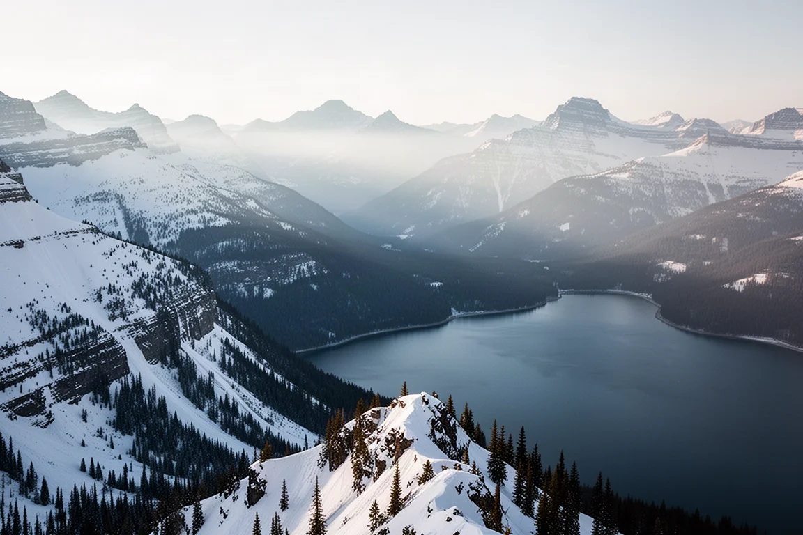 Snow-covered mountain ridge with steep chutes above a large blue alpine lake