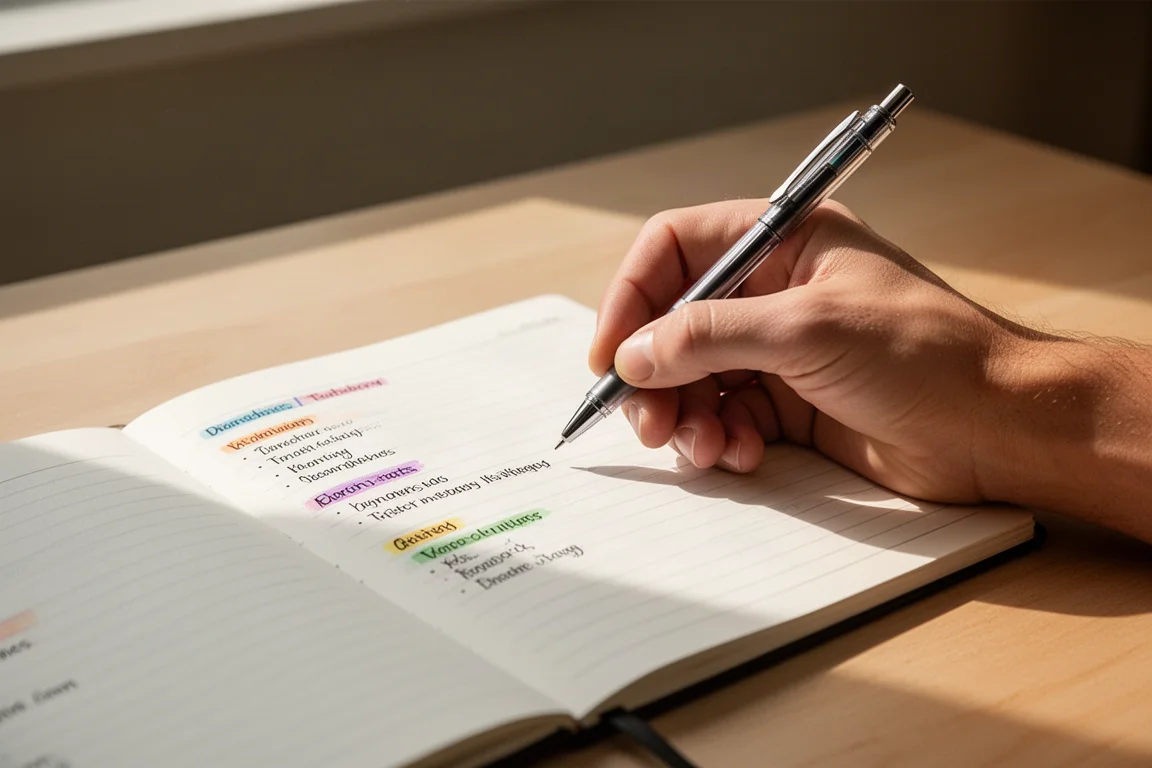 A hand writing foreign-language vocabulary in a notebook with a multi pen