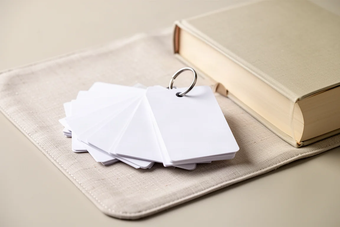 Flashcards on a binder ring spread out on a study desk