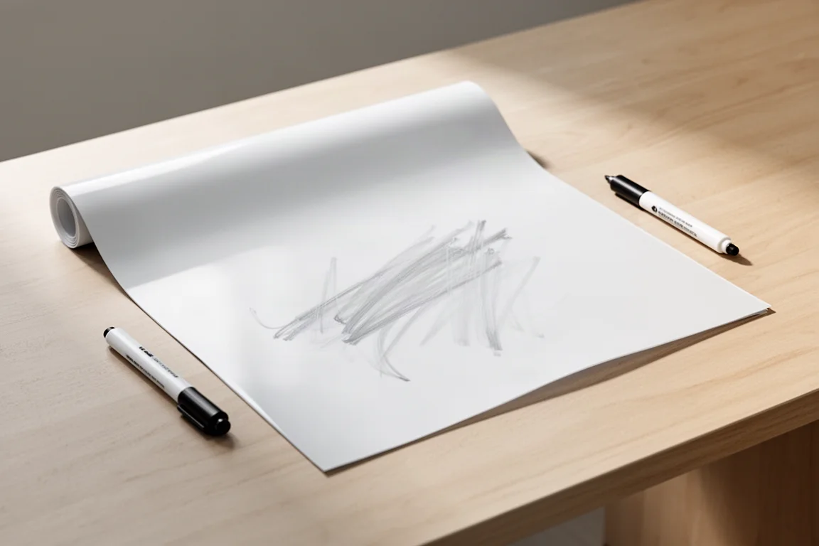 A reusable whiteboard sheet with a dry erase marker on a desk