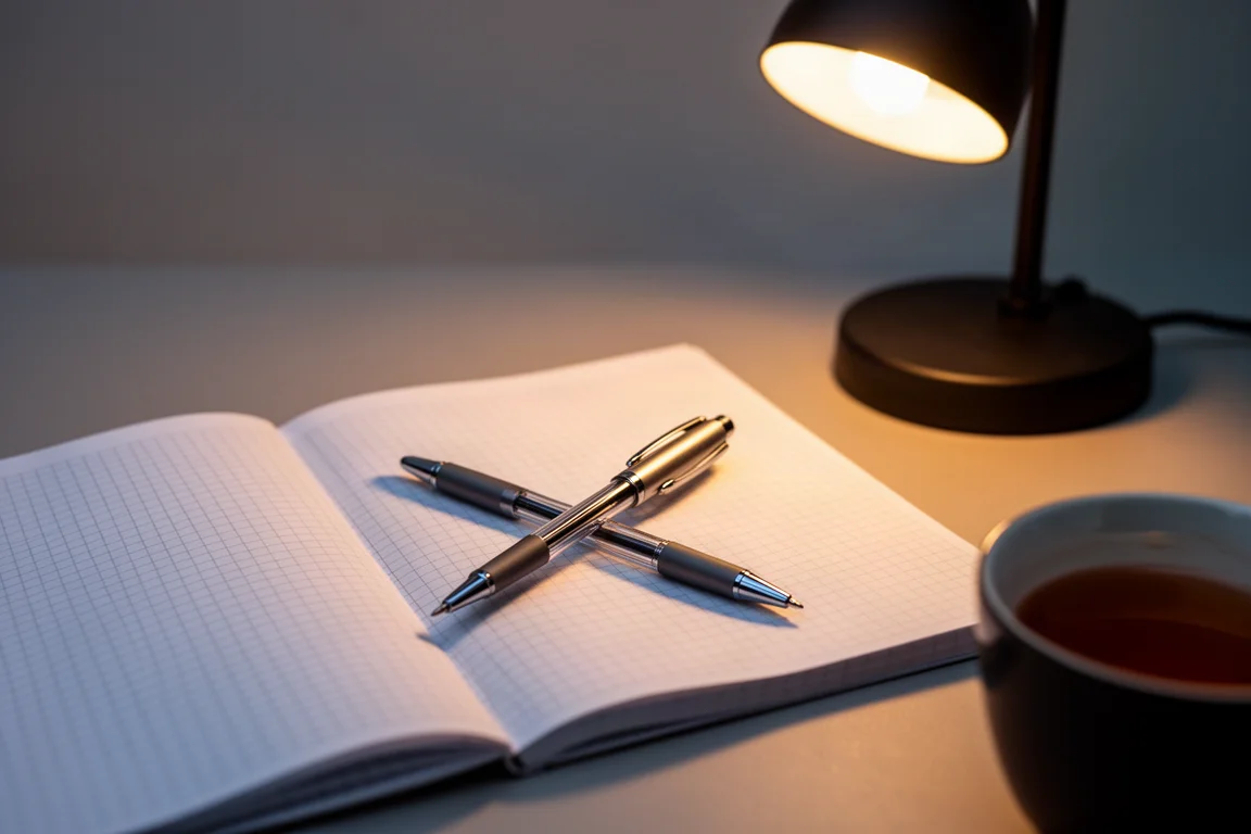A tidy evening study setup with a notebook, pen, and warm desk lamp