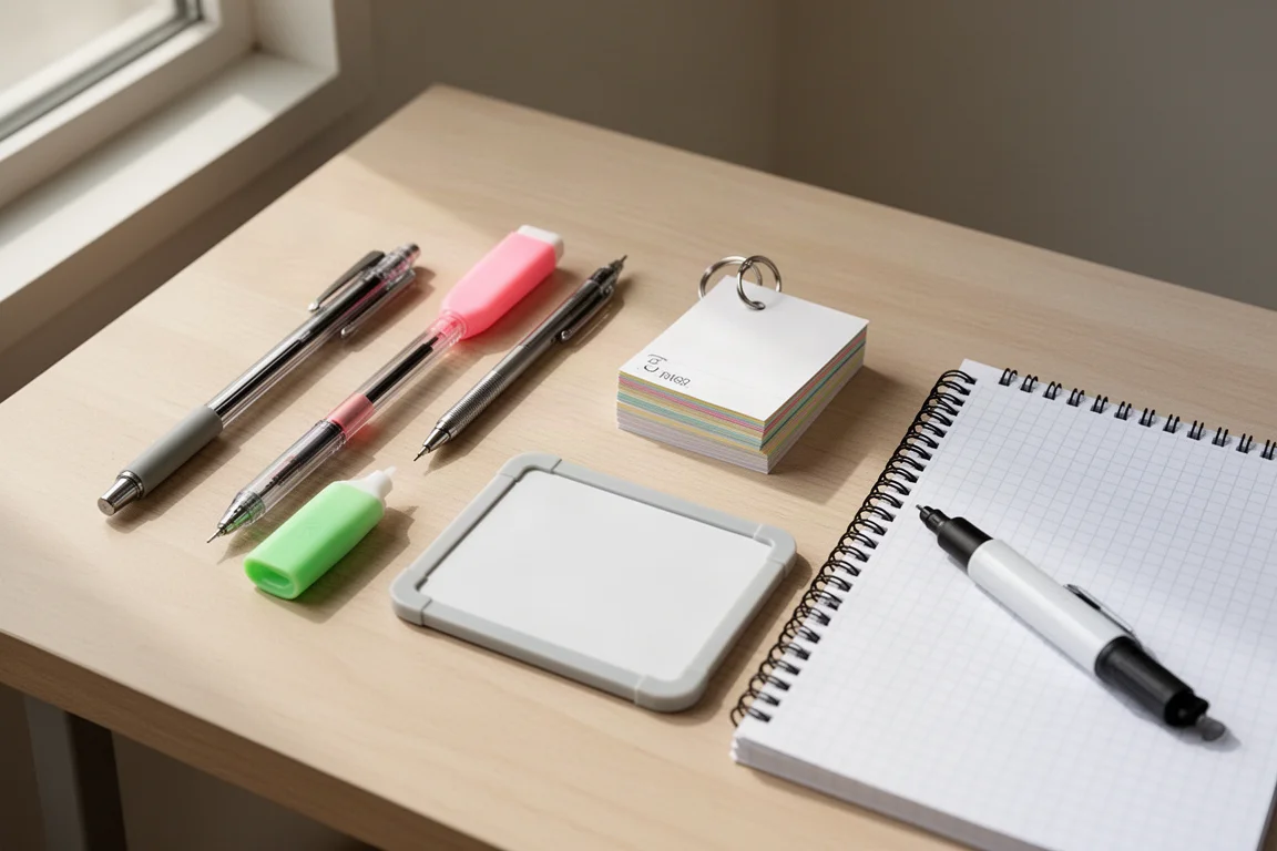 Flat-lay of language study stationery including pens, flashcards, and a notebook on a wooden desk