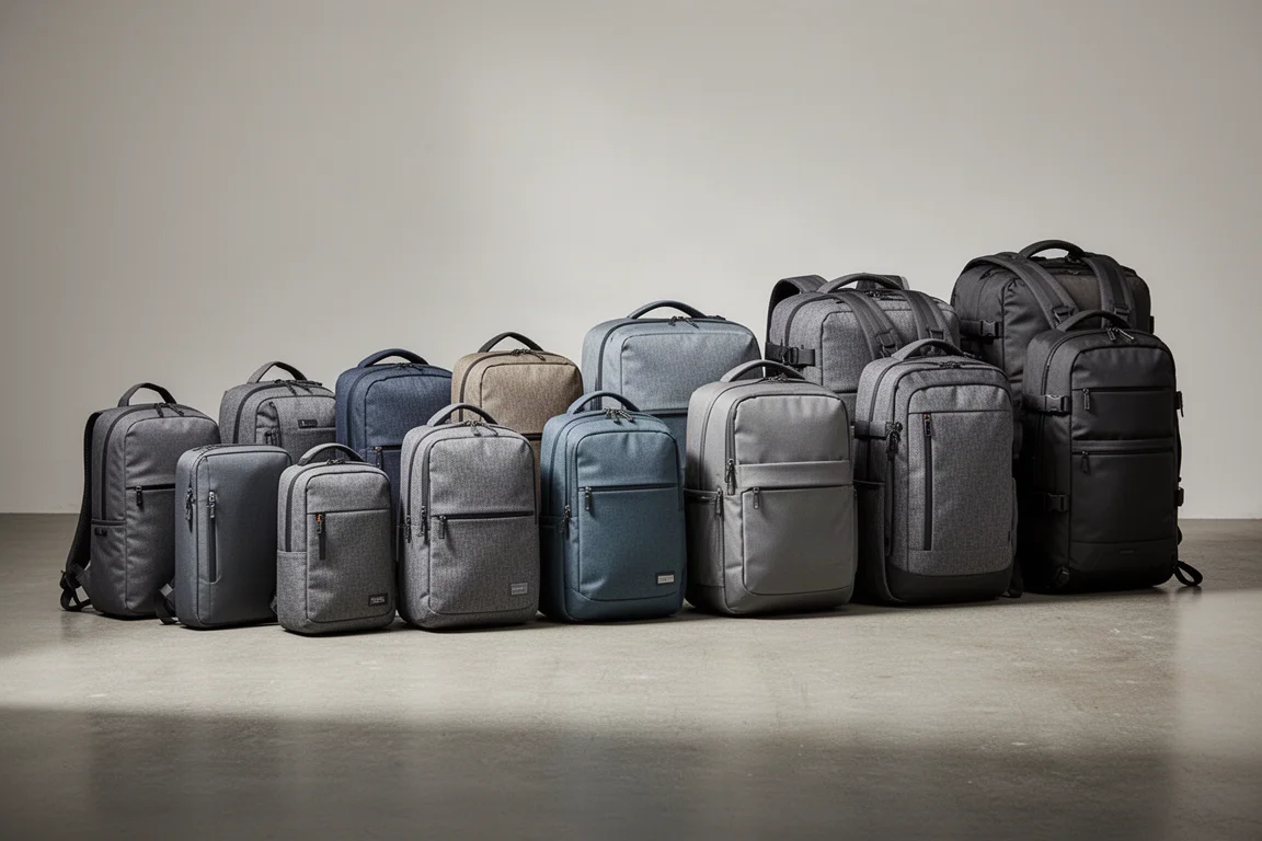 Fileira de doze mochilas para notebook de vários tamanhos no chão de concreto