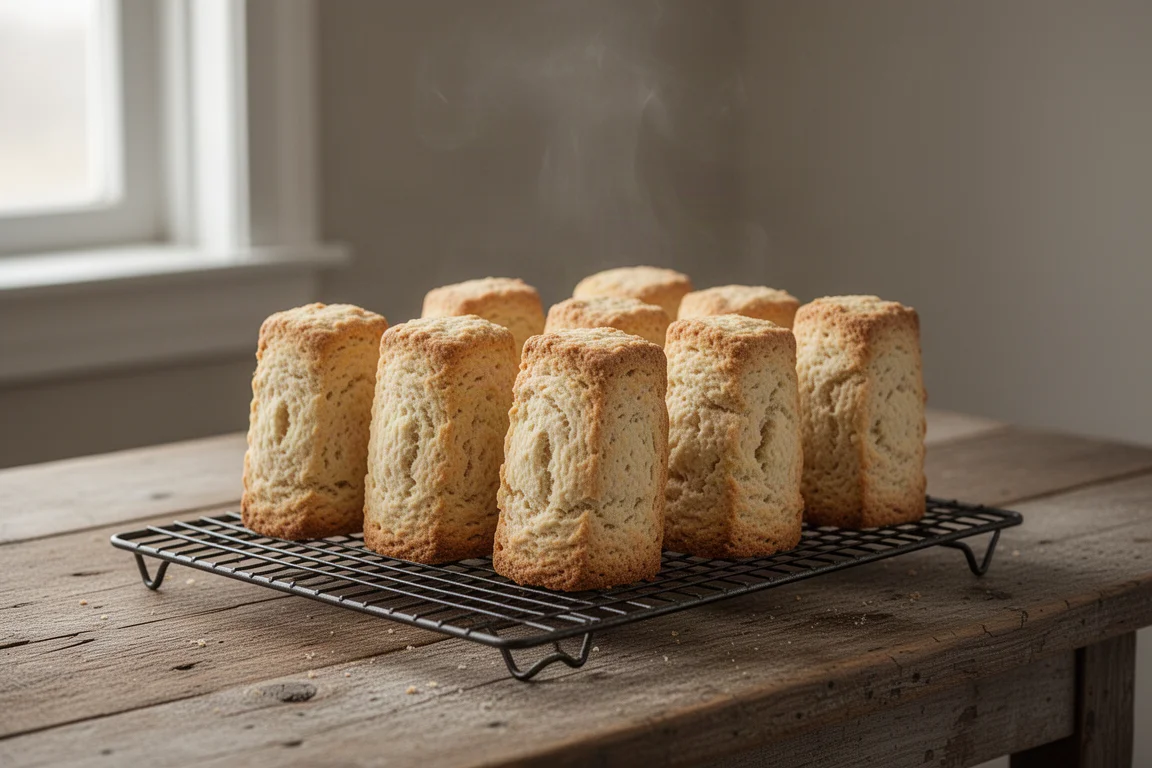 Abkühlgitter mit frisch gebackenen, goldgelben Biscuits bei weichem Licht