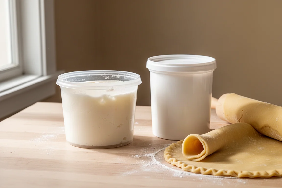 Two tubs of white solid baking fat beside rolled pie dough on a wooden surface