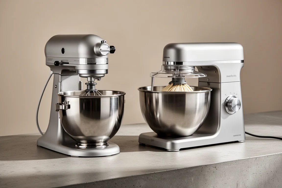 A bowl lift stand mixer and a Swedish-style stand mixer side by side on a concrete counter