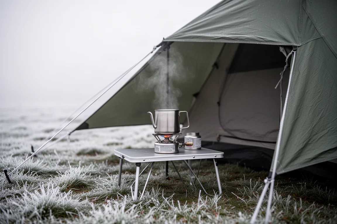 Campingkocher und Stahl-Kaffeekanne unter einem Zeltvorbau an einem frostigen Morgen