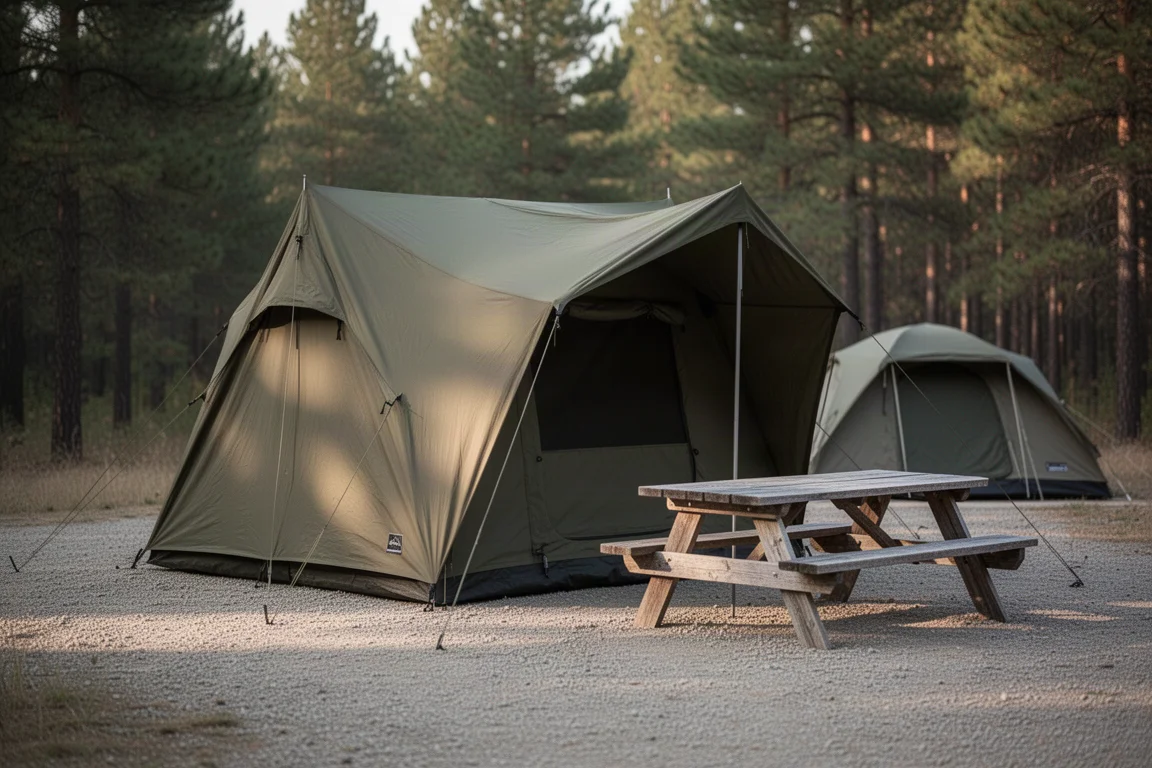 Large family camping tents pitched on a gravel pad beside a picnic table at a pine forest site