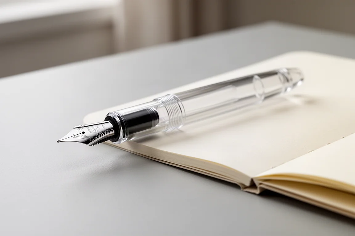 Clear demonstrator fountain pen with oversized nib on a desk beside a notebook