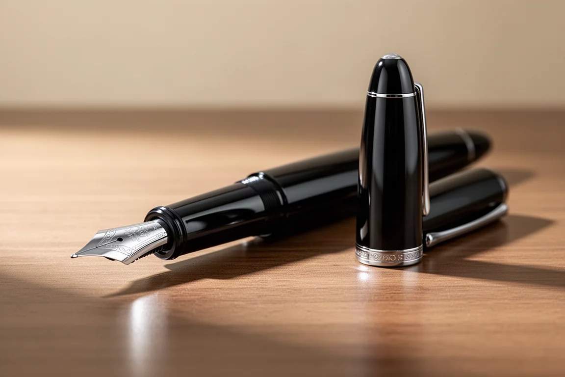 Large black fountain pen uncapped beside a laptop in warm desk light