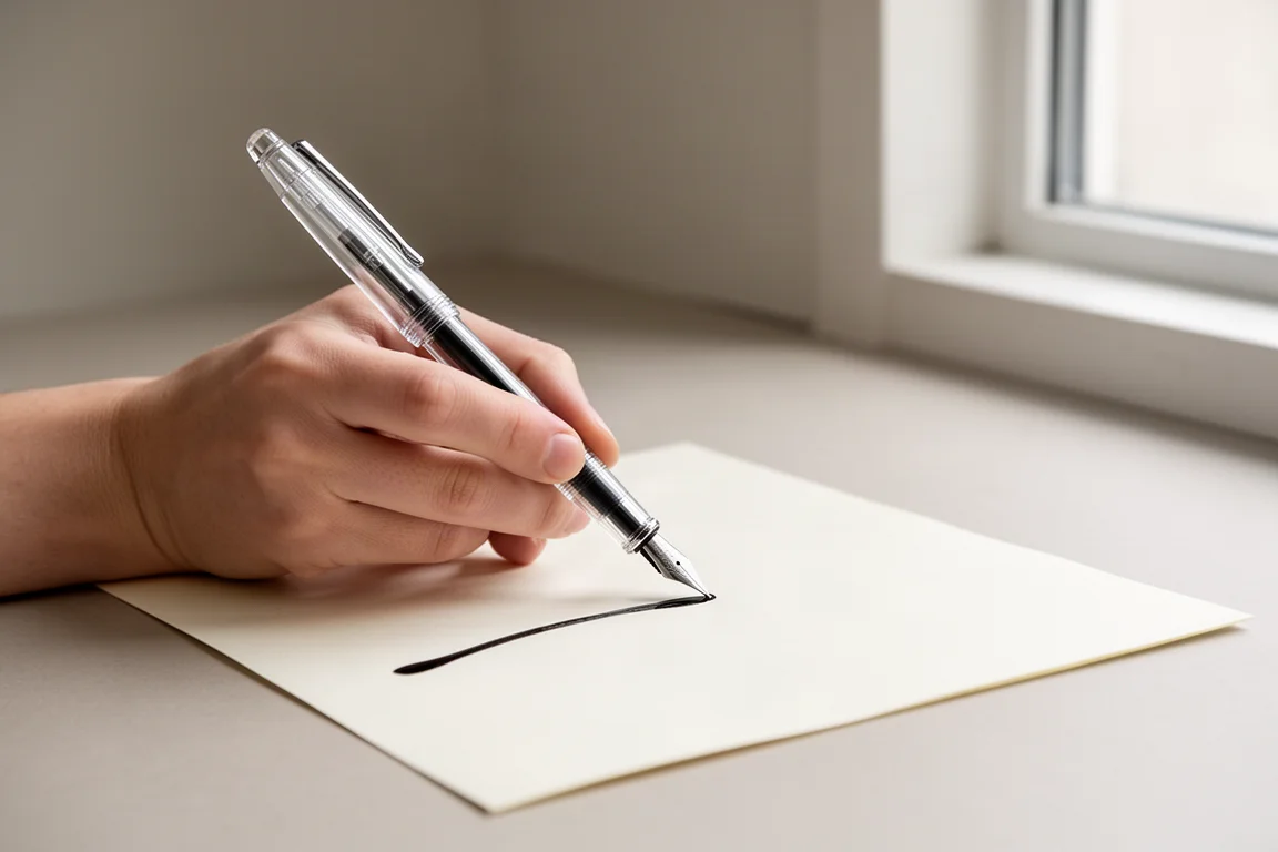 Hands writing with a large fountain pen on cream paper