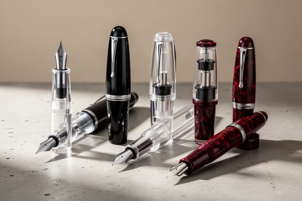 Five large fountain pens arranged in a row on a concrete surface