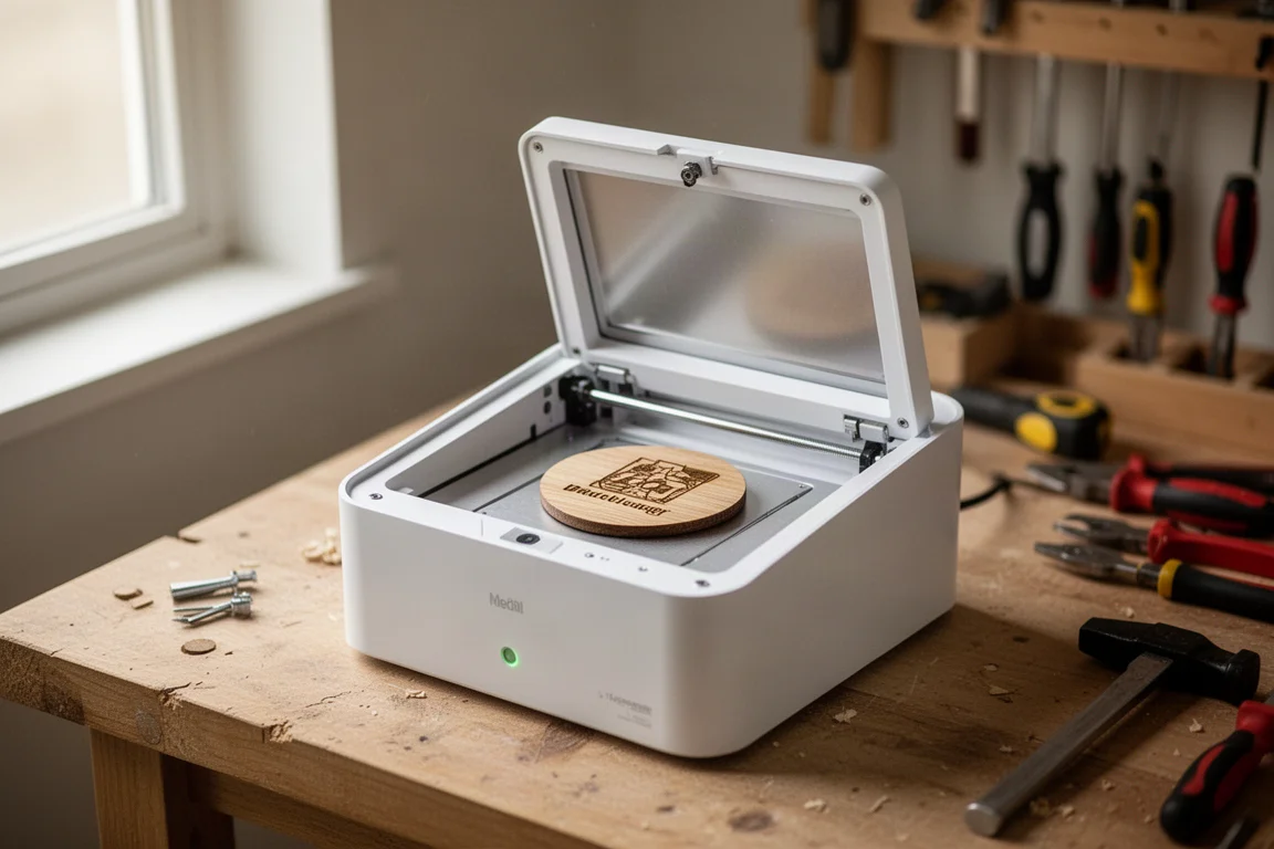 Compact enclosed diode laser on a workbench with a wooden engraving project inside