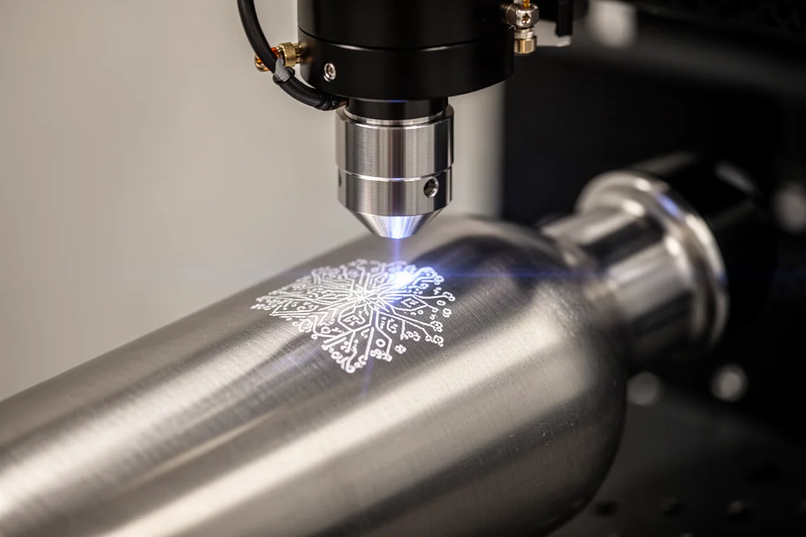 UV galvo laser marking a metal bottle with a fine pattern