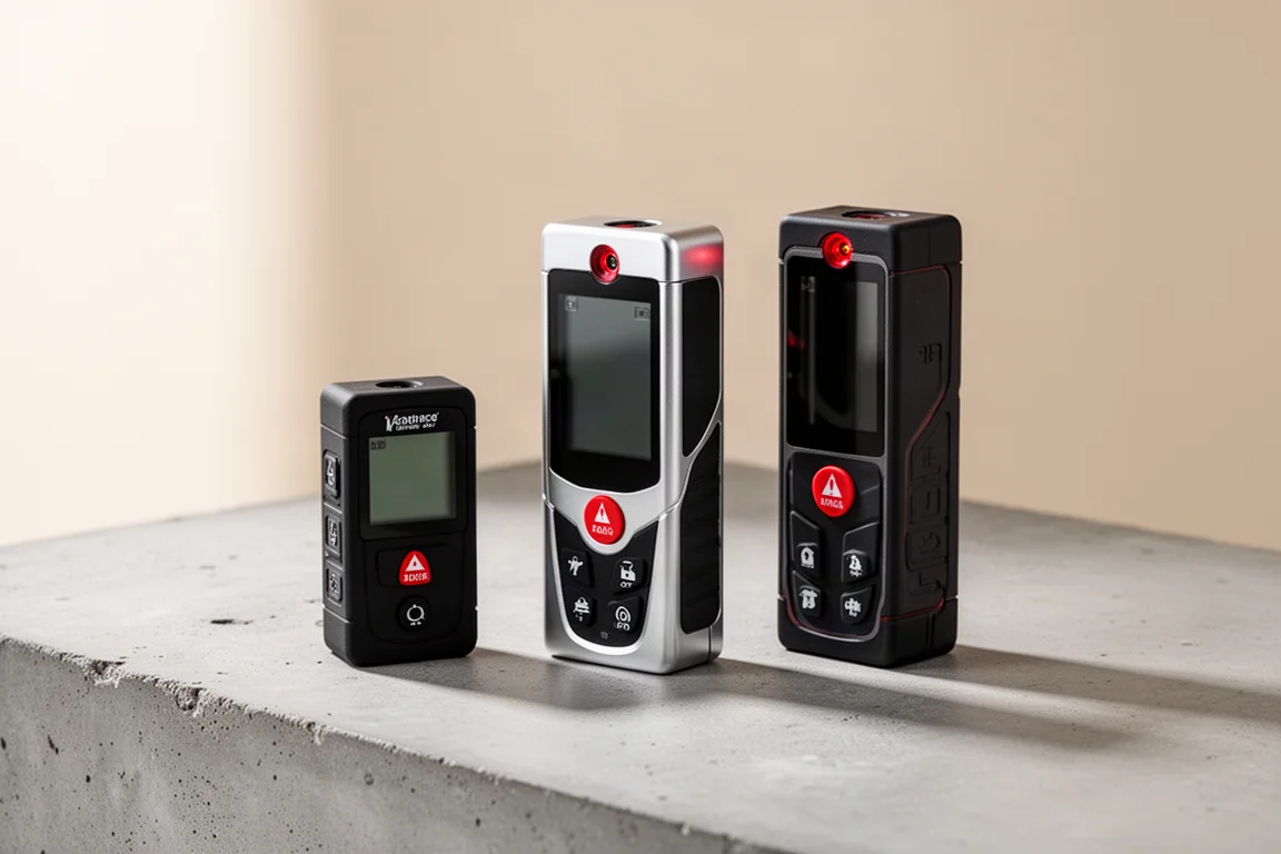 Three laser distance measurers arranged side by side on a concrete surface