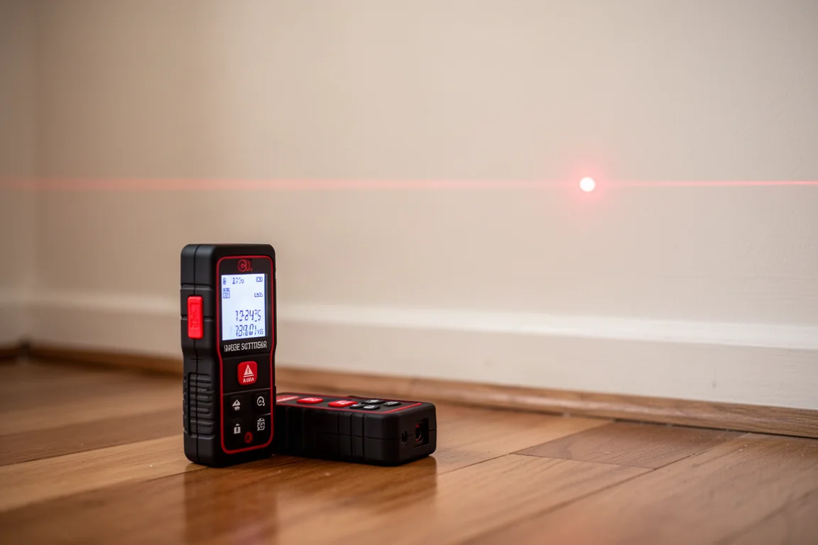 Handheld laser measure projecting a red dot onto a wall in a dim room