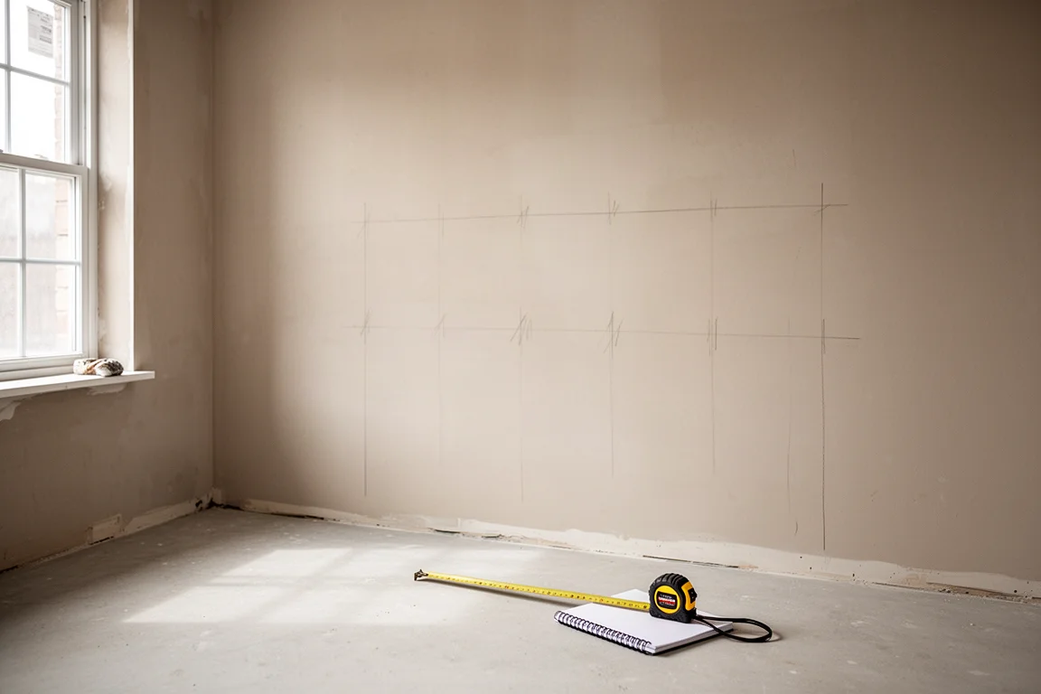 Person measuring a room wall with a laser measure during interior planning