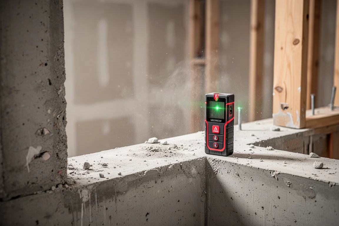 Construction worksite with rough surfaces and a laser measure resting on a ledge
