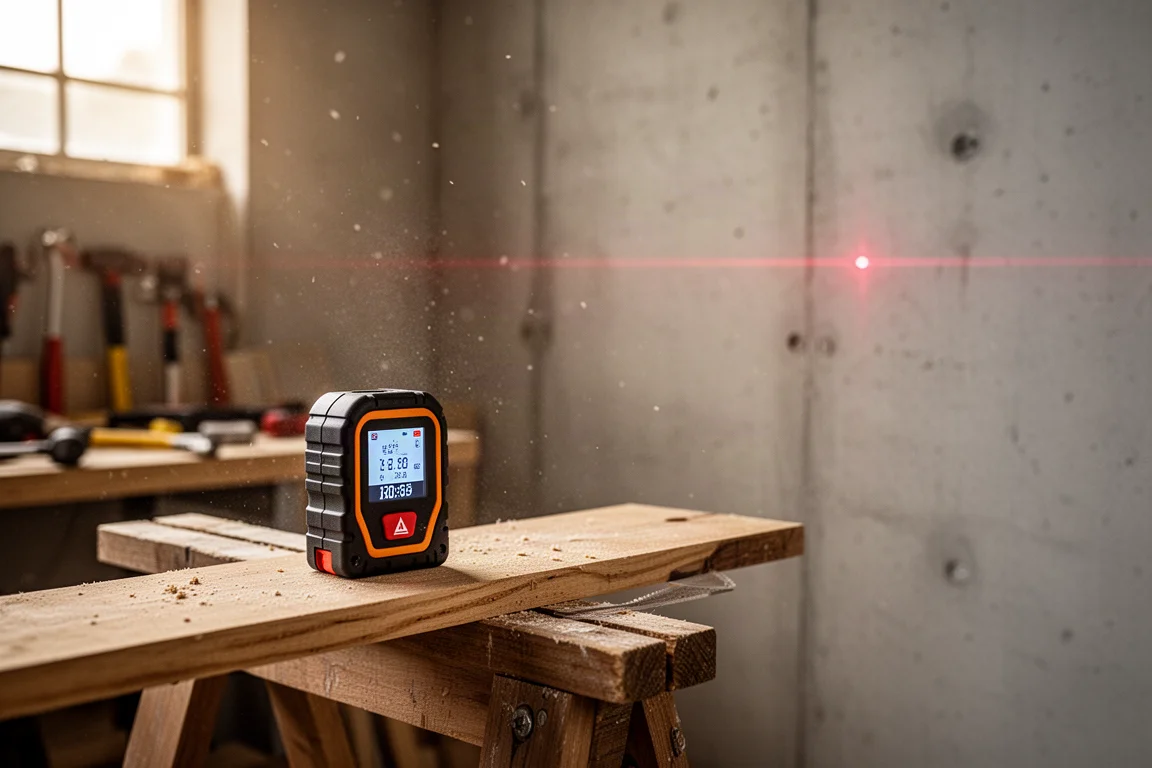 Hand richtet einen Laser-Zollstock durch eine Werkstatt auf eine entfernte Wand