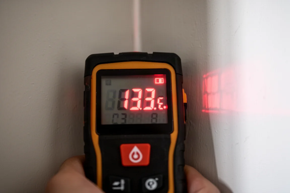 Digitaldisplay eines Laser-Zollstocks zeigt eine Entfernungsanzeige in Innenräumen