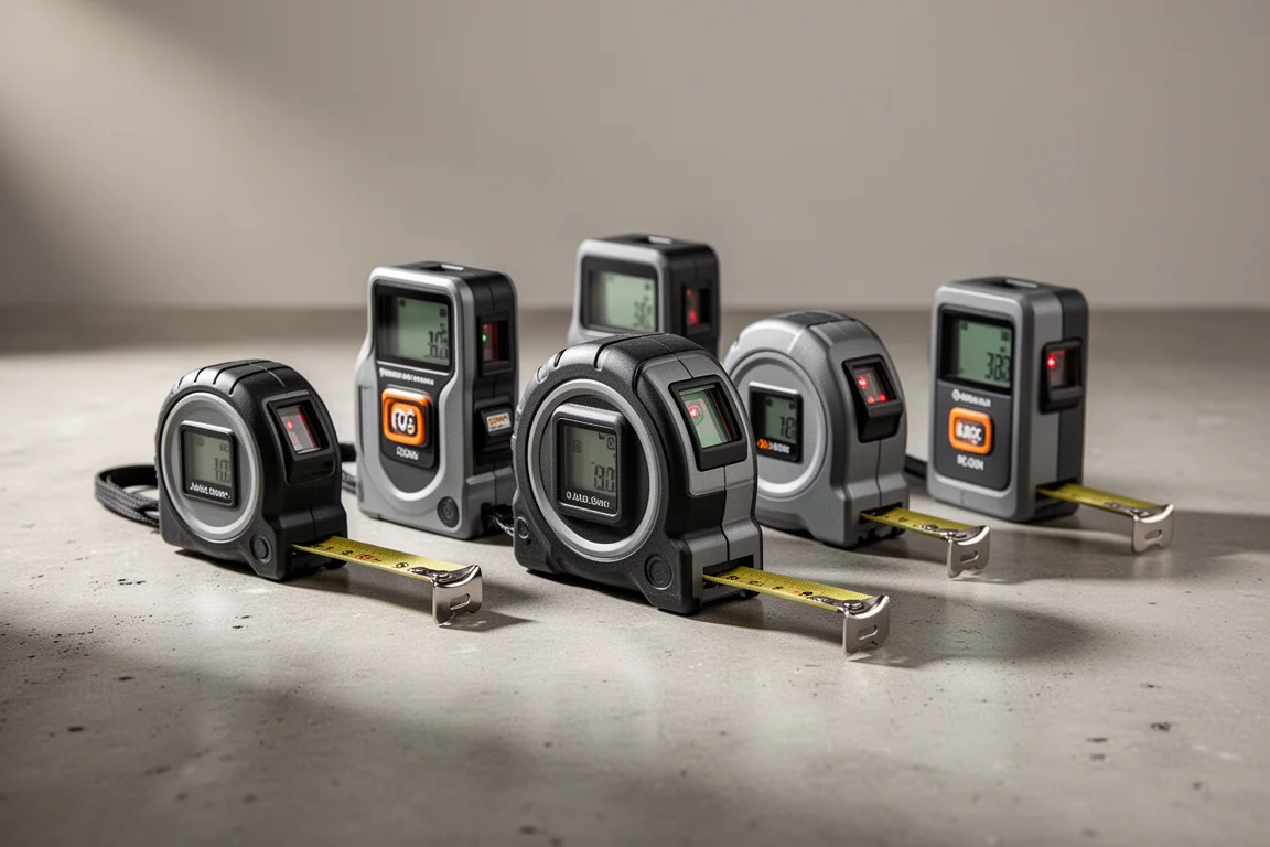 Rij laserrolmeters met digitale displays op een betonnen werkplaatsvloer