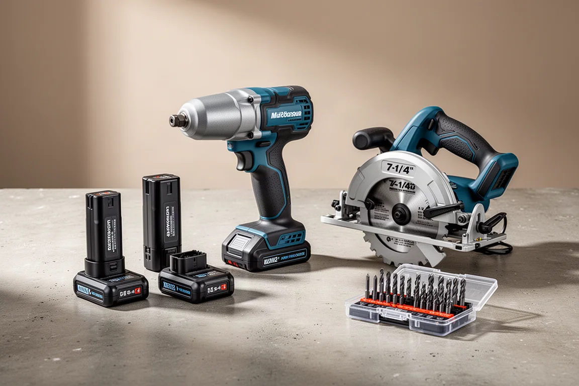 A collection of cordless power tools arranged on a concrete workshop surface