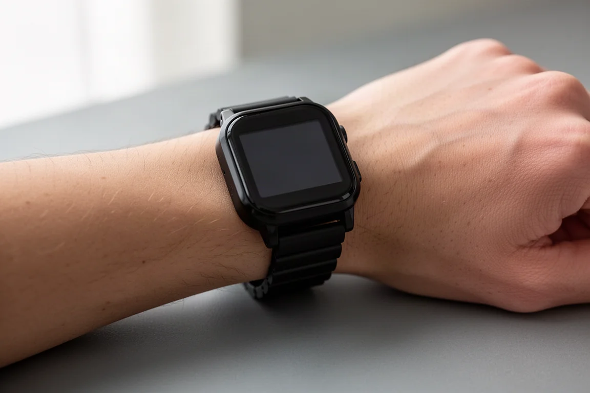 Montre-bracelet numérique au poignet sous une douce lumière intérieure