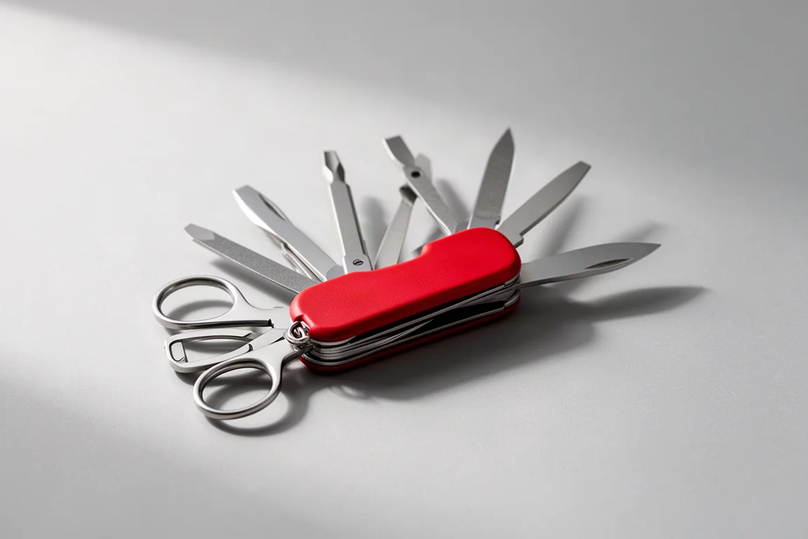 Outils d'un couteau suisse déployés en éventail sur une surface neutre