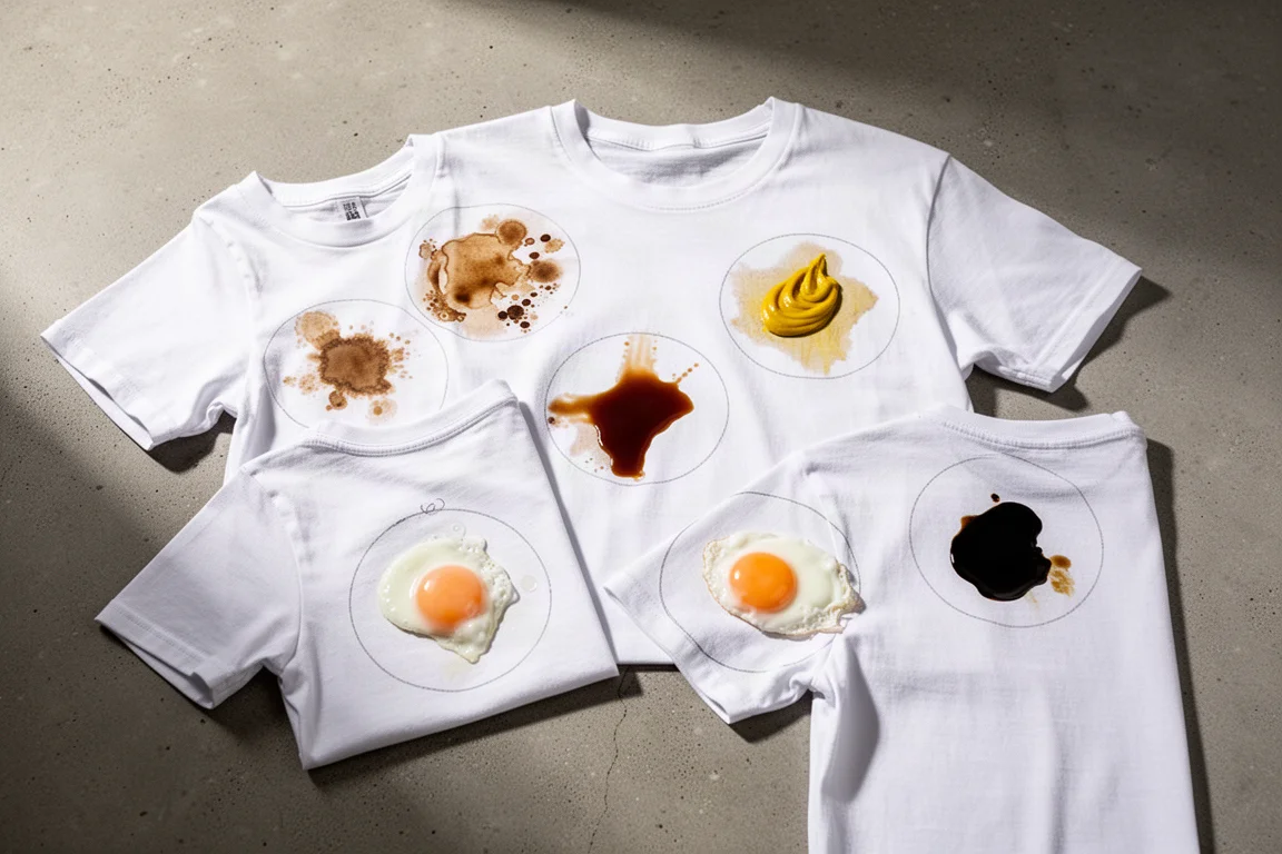 Weiße Baumwoll-T-Shirts mit Testzonen von sechs eingetrockneten alltäglichen Flecken, auf einem Tisch ausgelegt