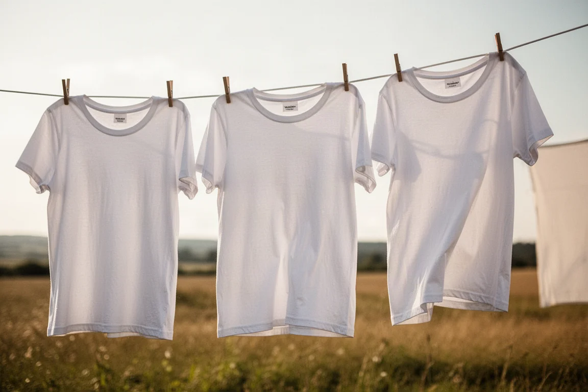 Frisch gewaschene weiße T-Shirts hängen an einer Leine und trocknen in der Sonne