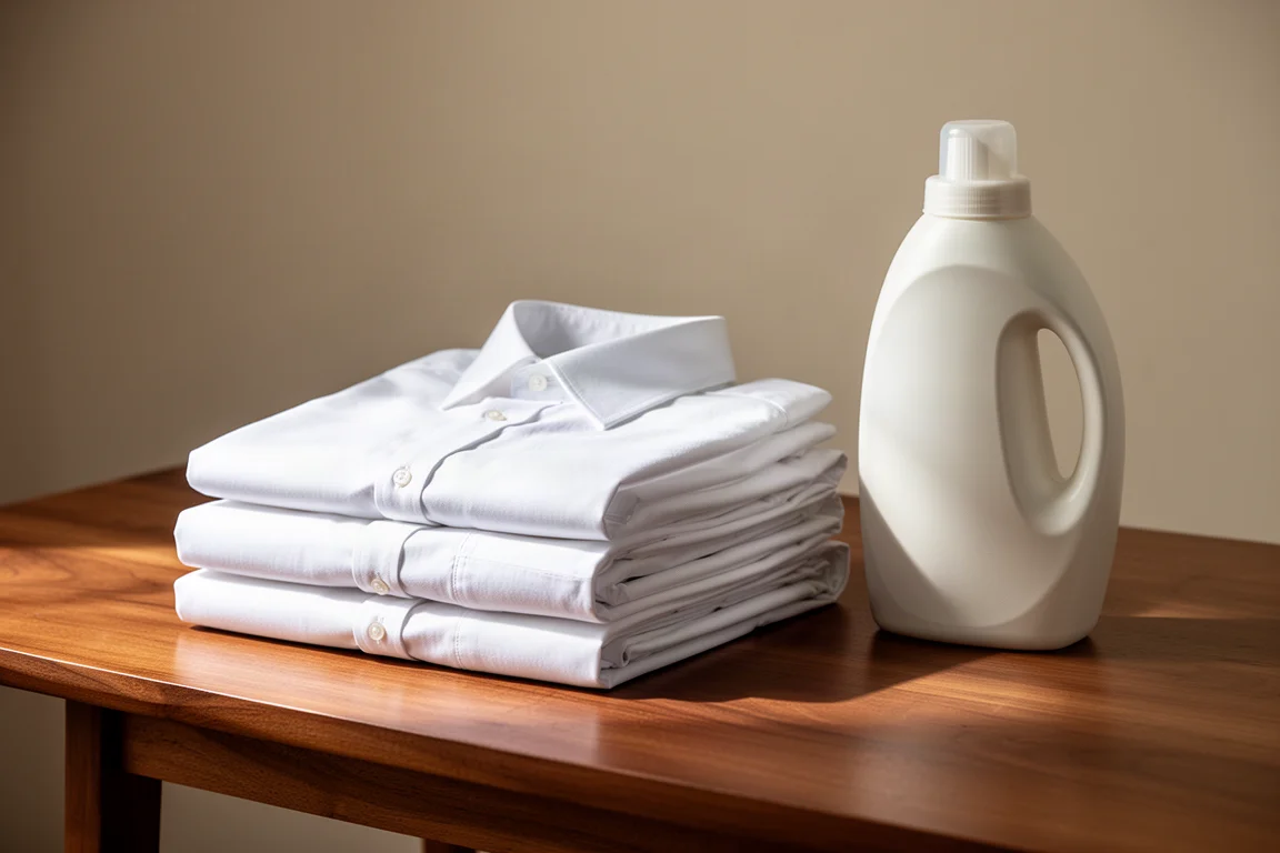 Sauber gefaltete weiße Hemden neben einer Waschmittelflasche auf einem Holztisch gestapelt