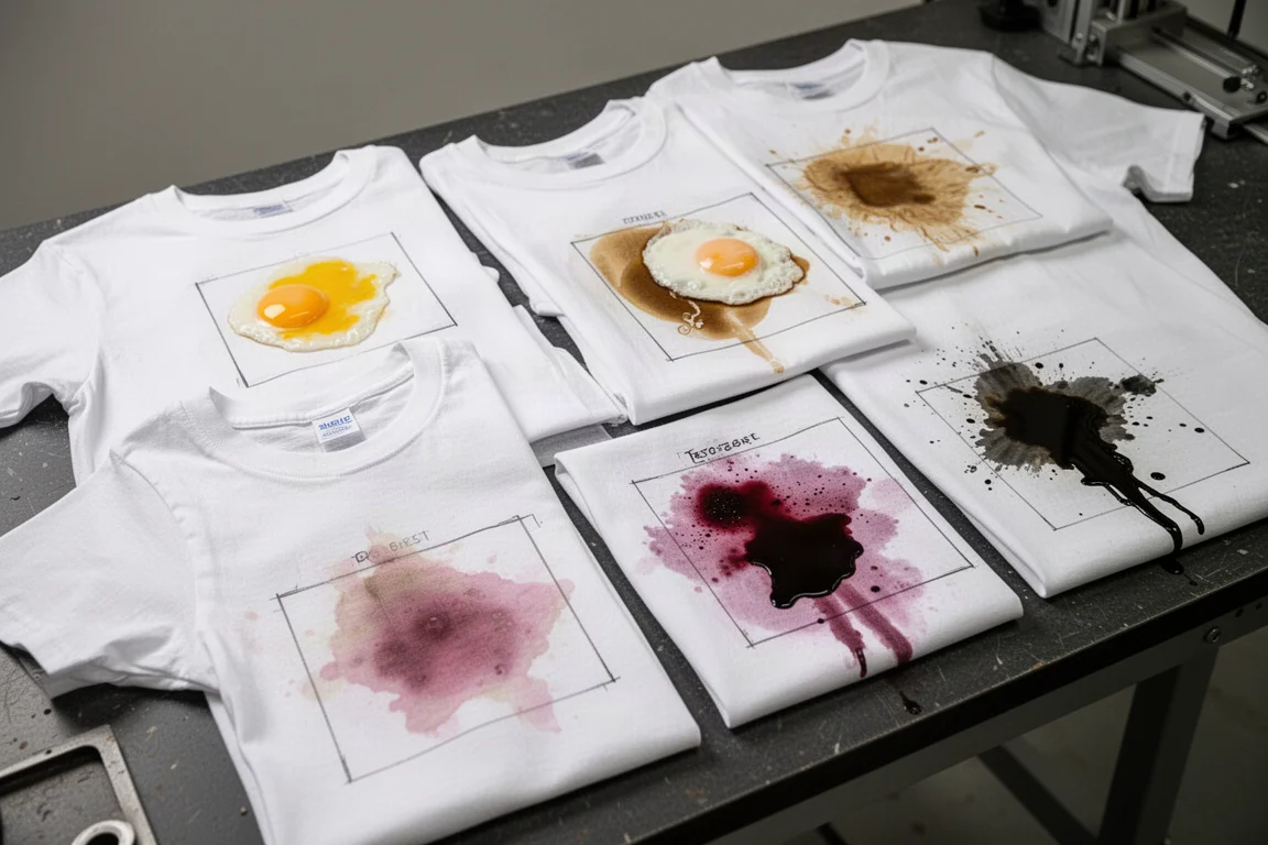 White cotton t-shirts laid out on a workbench with egg yolk, coffee, and berry stains applied in marked zones