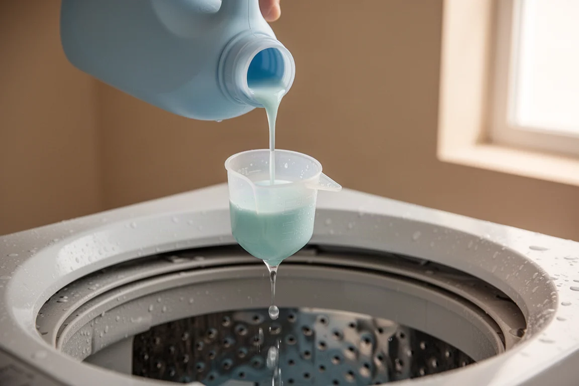 Laundry detergent liquid pouring into a measuring cap above a washing machine drum