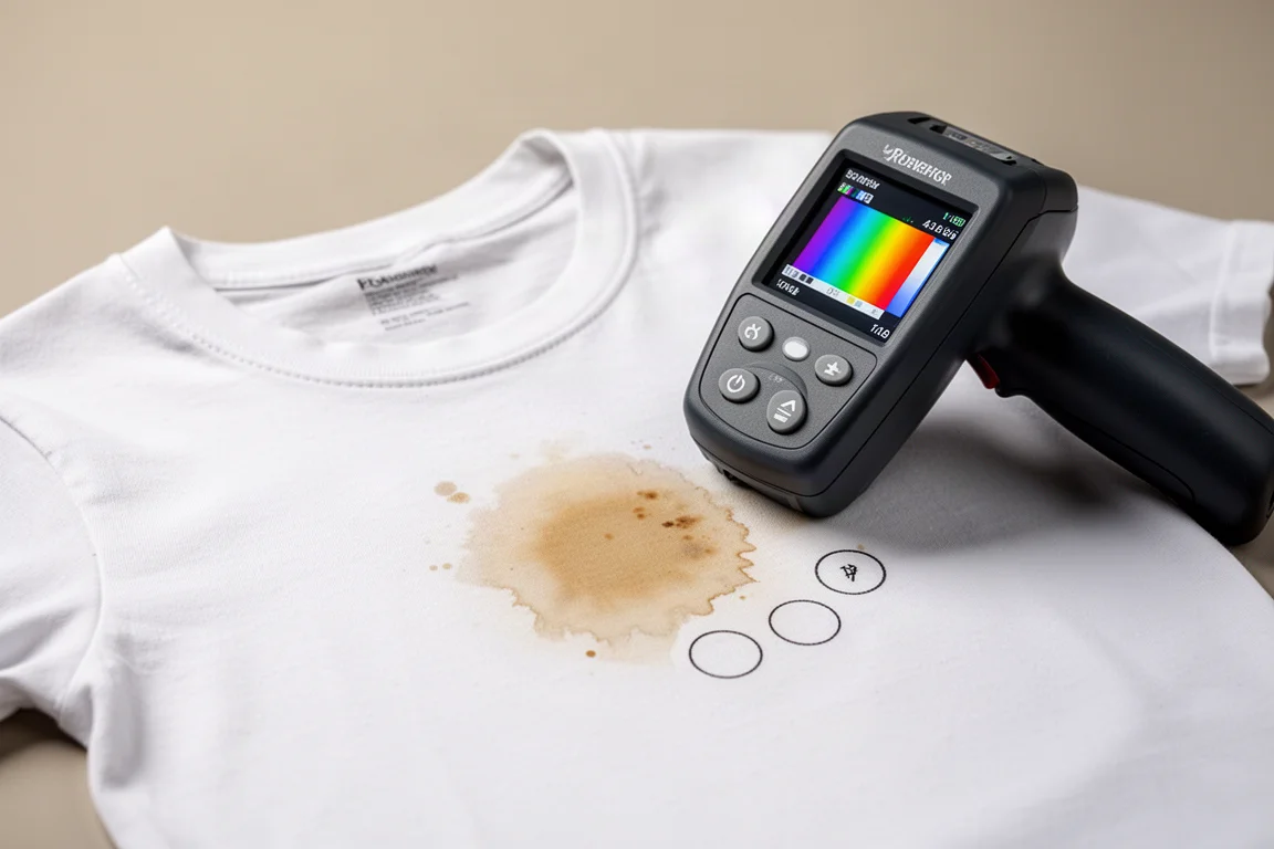 Color measurement device scanning a stain area on a white cotton t-shirt